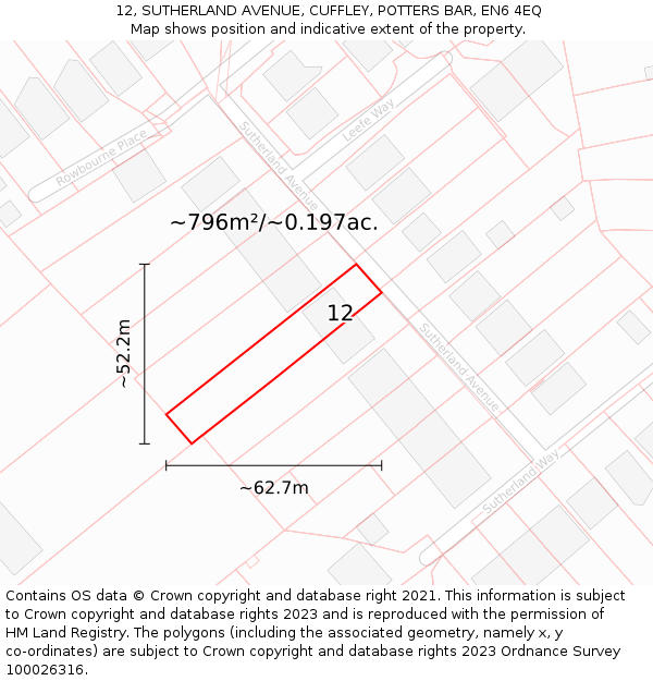 12, SUTHERLAND AVENUE, CUFFLEY, POTTERS BAR, EN6 4EQ: Plot and title map