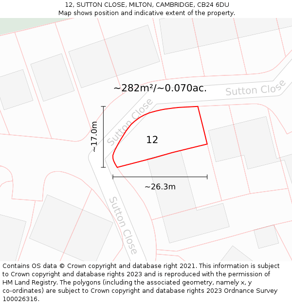 12, SUTTON CLOSE, MILTON, CAMBRIDGE, CB24 6DU: Plot and title map