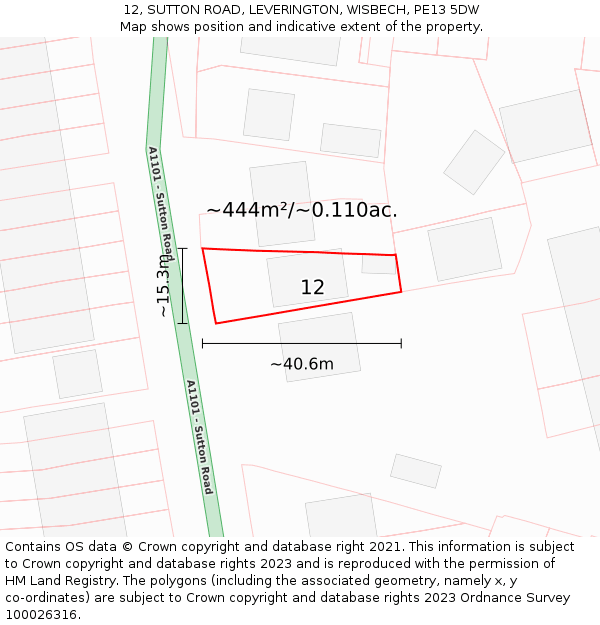 12, SUTTON ROAD, LEVERINGTON, WISBECH, PE13 5DW: Plot and title map
