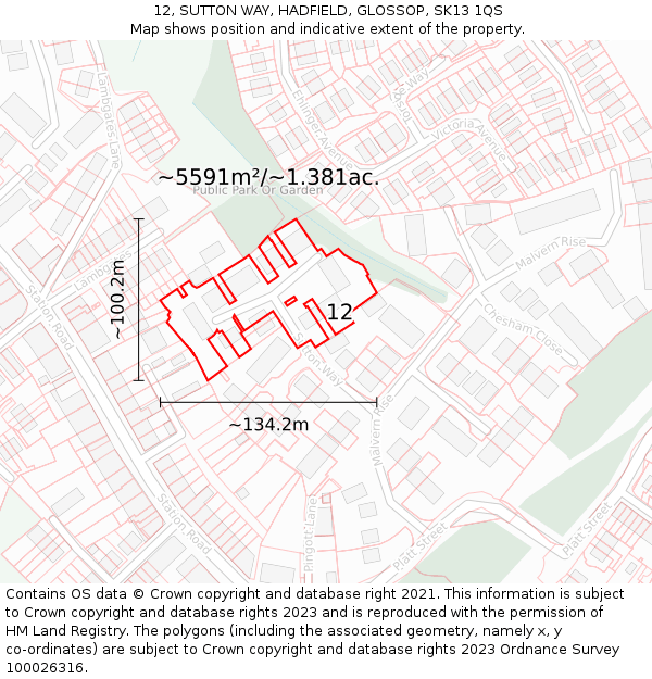 12, SUTTON WAY, HADFIELD, GLOSSOP, SK13 1QS: Plot and title map