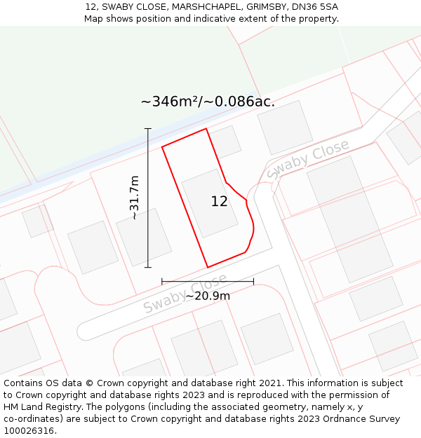 12, SWABY CLOSE, MARSHCHAPEL, GRIMSBY, DN36 5SA: Plot and title map