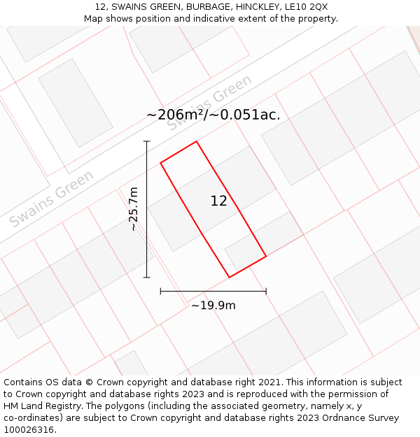 12, SWAINS GREEN, BURBAGE, HINCKLEY, LE10 2QX: Plot and title map