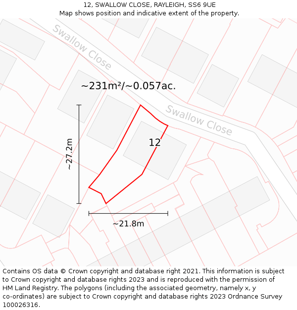12, SWALLOW CLOSE, RAYLEIGH, SS6 9UE: Plot and title map