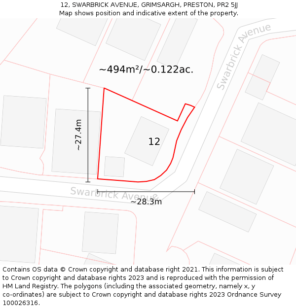 12, SWARBRICK AVENUE, GRIMSARGH, PRESTON, PR2 5JJ: Plot and title map