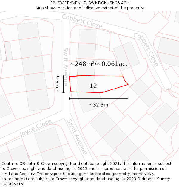 12, SWIFT AVENUE, SWINDON, SN25 4GU: Plot and title map