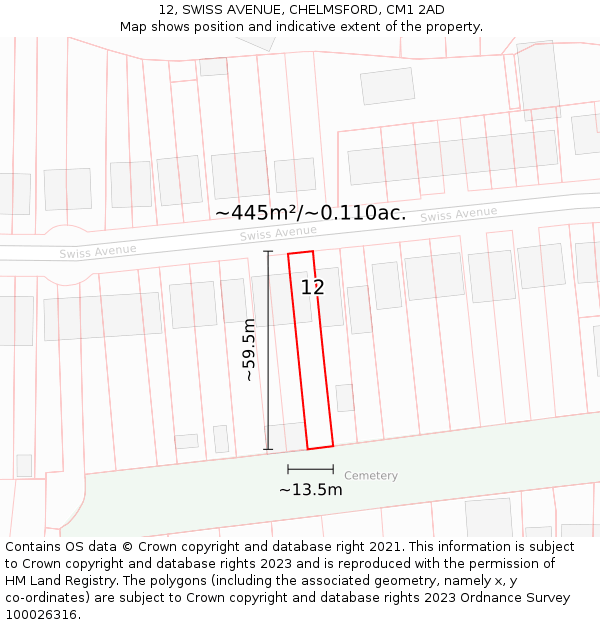 12, SWISS AVENUE, CHELMSFORD, CM1 2AD: Plot and title map