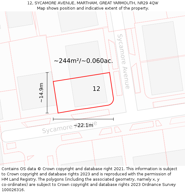 12, SYCAMORE AVENUE, MARTHAM, GREAT YARMOUTH, NR29 4QW: Plot and title map