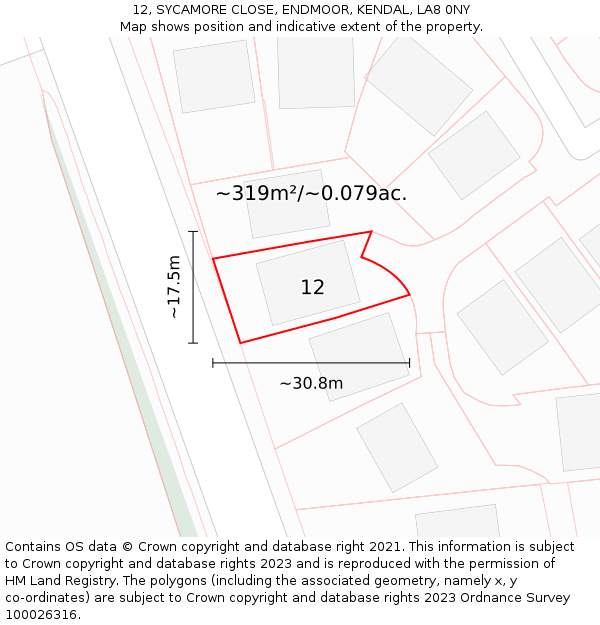 12, SYCAMORE CLOSE, ENDMOOR, KENDAL, LA8 0NY: Plot and title map