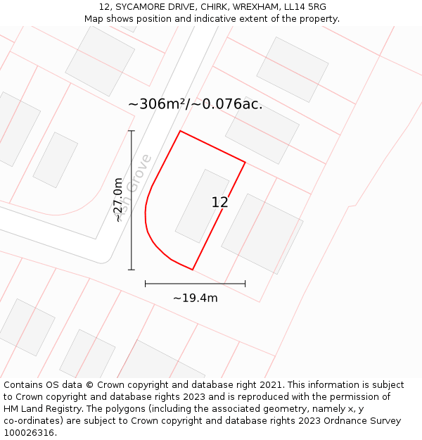 12, SYCAMORE DRIVE, CHIRK, WREXHAM, LL14 5RG: Plot and title map