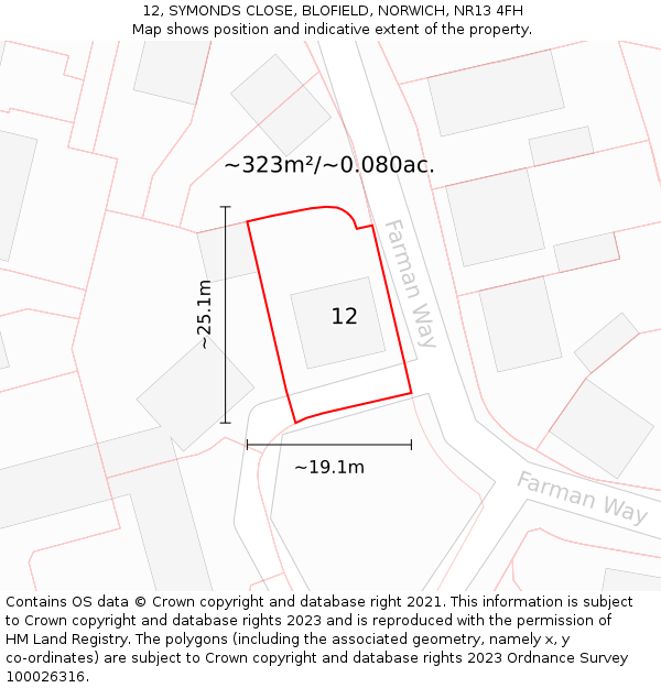 12, SYMONDS CLOSE, BLOFIELD, NORWICH, NR13 4FH: Plot and title map