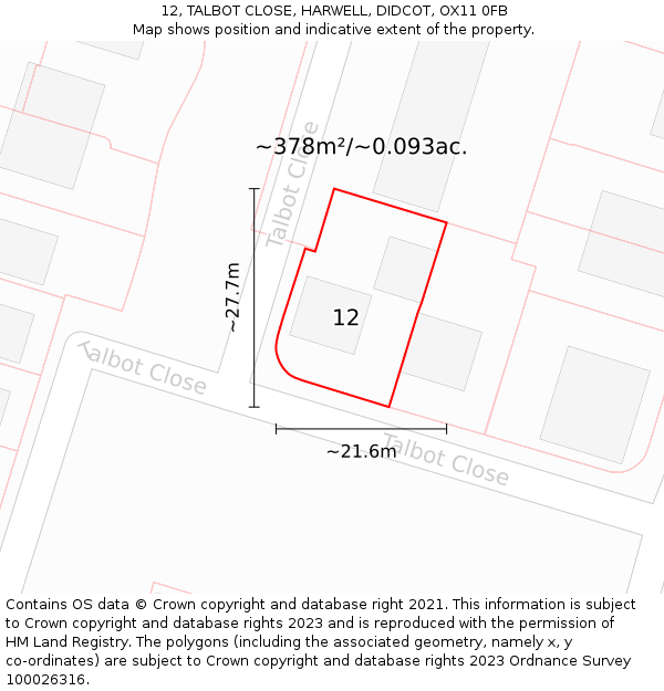 12, TALBOT CLOSE, HARWELL, DIDCOT, OX11 0FB: Plot and title map