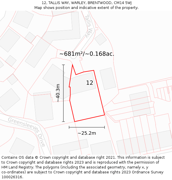 12, TALLIS WAY, WARLEY, BRENTWOOD, CM14 5WJ: Plot and title map