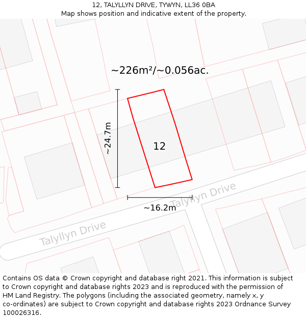 12, TALYLLYN DRIVE, TYWYN, LL36 0BA: Plot and title map