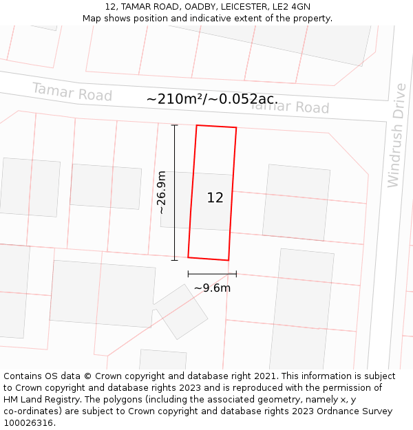 12, TAMAR ROAD, OADBY, LEICESTER, LE2 4GN: Plot and title map