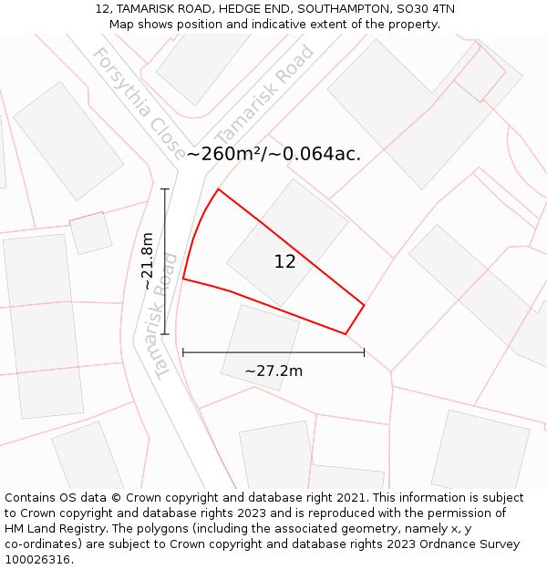 12, TAMARISK ROAD, HEDGE END, SOUTHAMPTON, SO30 4TN: Plot and title map