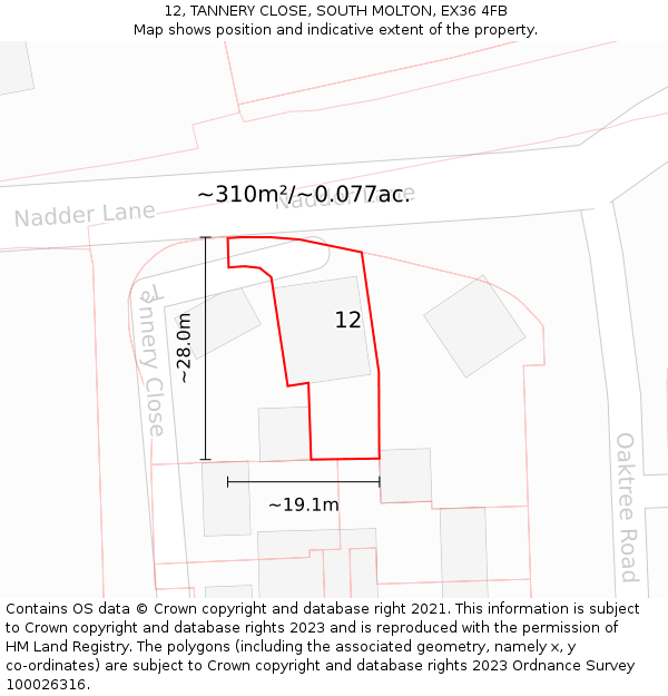 12, TANNERY CLOSE, SOUTH MOLTON, EX36 4FB: Plot and title map