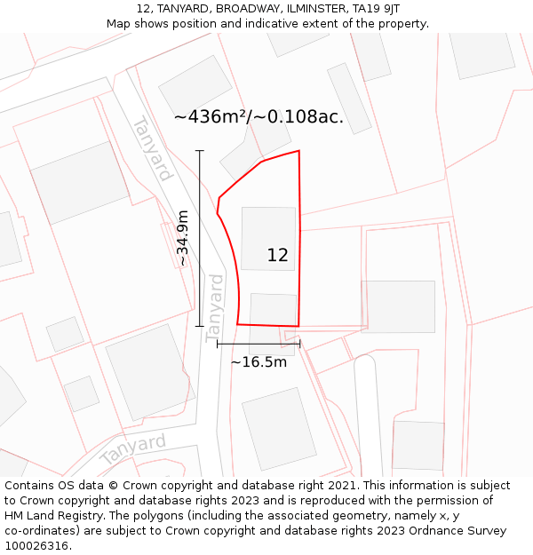 12, TANYARD, BROADWAY, ILMINSTER, TA19 9JT: Plot and title map