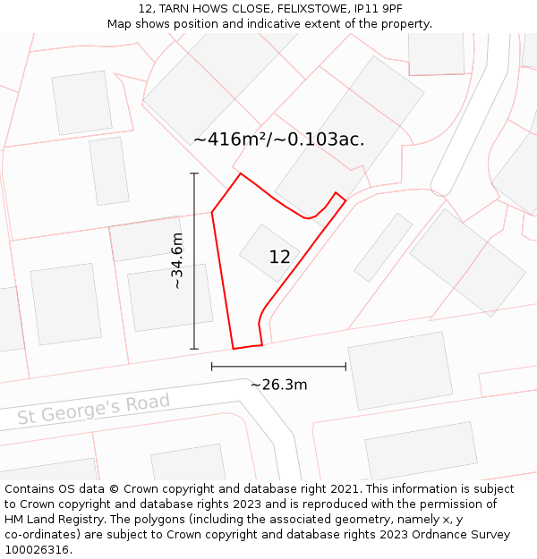 12, TARN HOWS CLOSE, FELIXSTOWE, IP11 9PF: Plot and title map