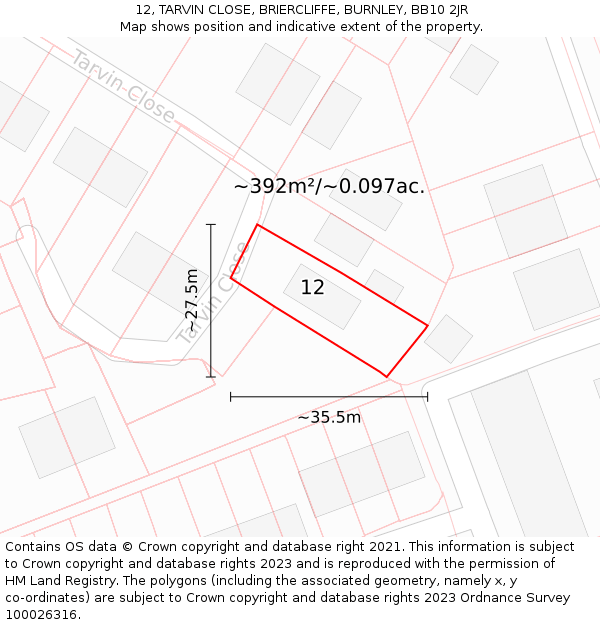 12, TARVIN CLOSE, BRIERCLIFFE, BURNLEY, BB10 2JR: Plot and title map