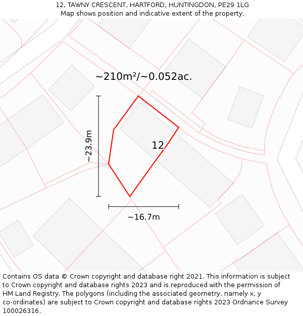 12, TAWNY CRESCENT, HARTFORD, HUNTINGDON, PE29 1LG: Plot and title map