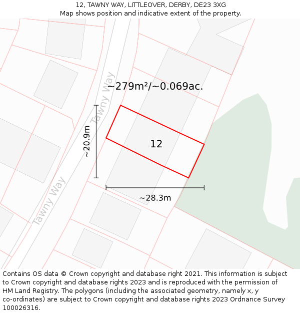 12, TAWNY WAY, LITTLEOVER, DERBY, DE23 3XG: Plot and title map