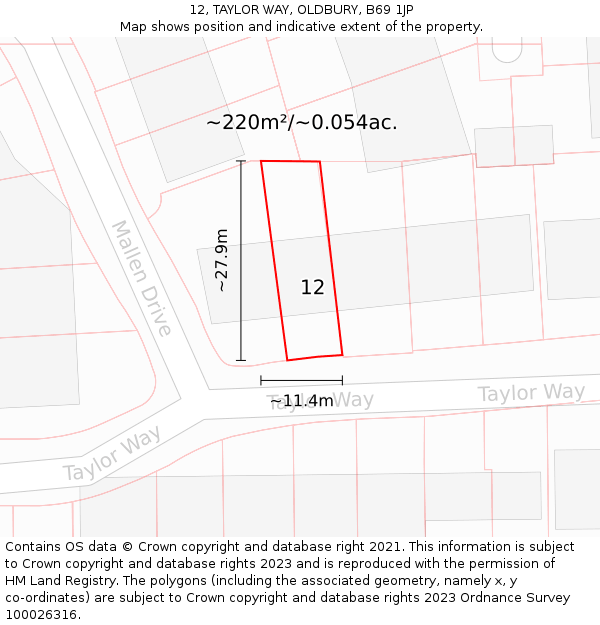 12, TAYLOR WAY, OLDBURY, B69 1JP: Plot and title map