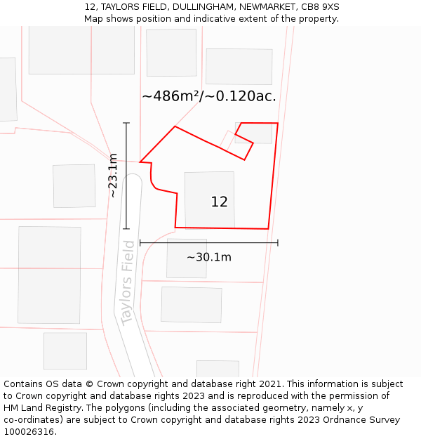 12, TAYLORS FIELD, DULLINGHAM, NEWMARKET, CB8 9XS: Plot and title map