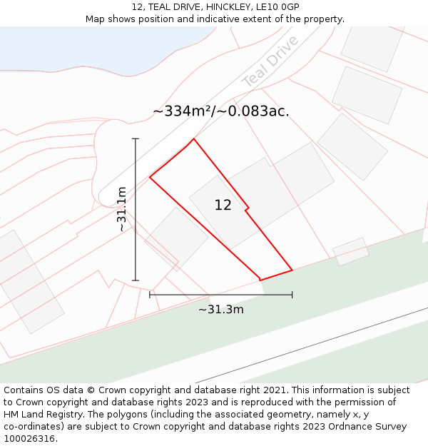 12, TEAL DRIVE, HINCKLEY, LE10 0GP: Plot and title map