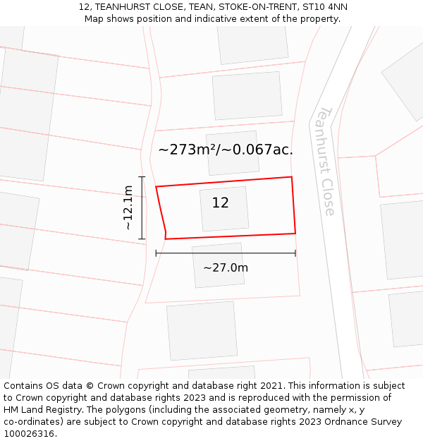 12, TEANHURST CLOSE, TEAN, STOKE-ON-TRENT, ST10 4NN: Plot and title map