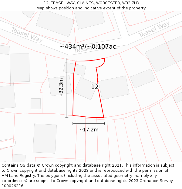 12, TEASEL WAY, CLAINES, WORCESTER, WR3 7LD: Plot and title map