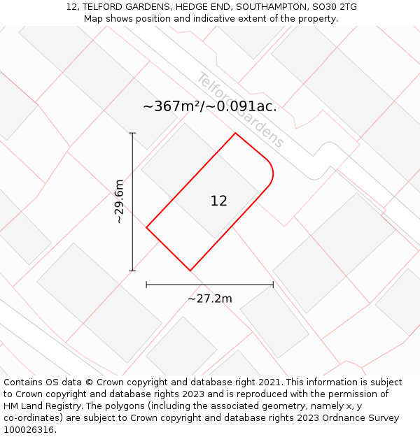 12, TELFORD GARDENS, HEDGE END, SOUTHAMPTON, SO30 2TG: Plot and title map