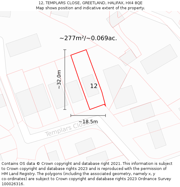 12, TEMPLARS CLOSE, GREETLAND, HALIFAX, HX4 8QE: Plot and title map