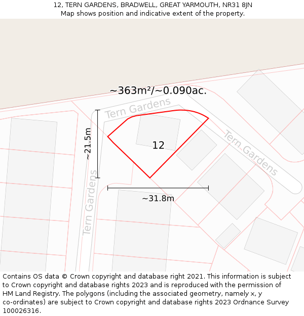 12, TERN GARDENS, BRADWELL, GREAT YARMOUTH, NR31 8JN: Plot and title map