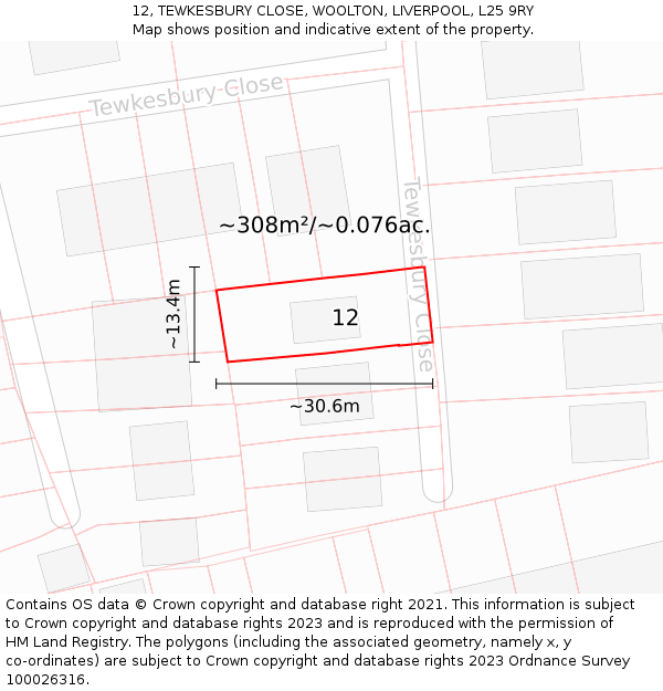 12, TEWKESBURY CLOSE, WOOLTON, LIVERPOOL, L25 9RY: Plot and title map
