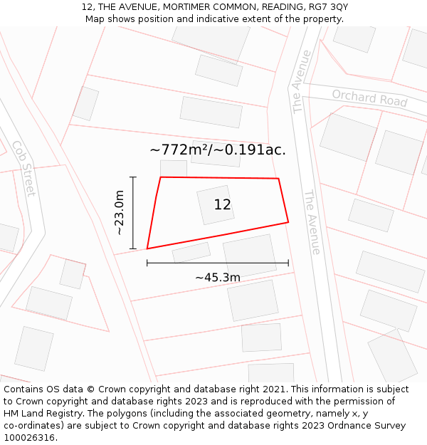 12, THE AVENUE, MORTIMER COMMON, READING, RG7 3QY: Plot and title map