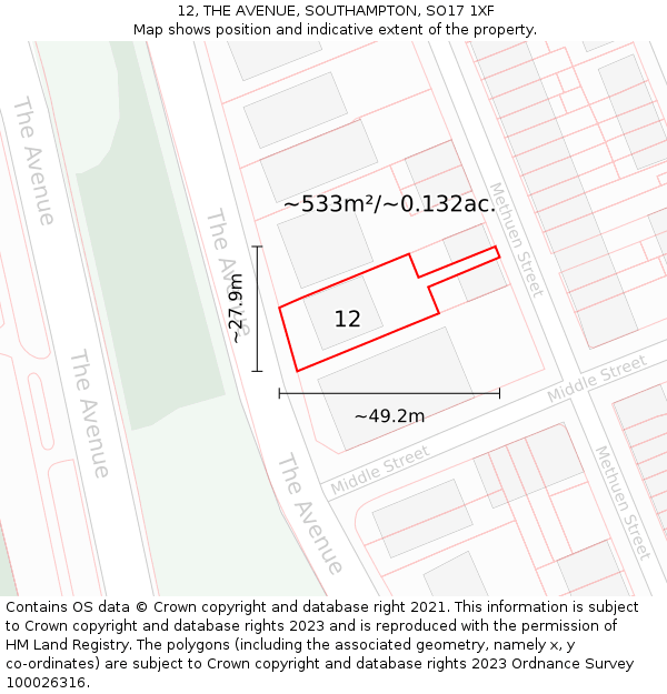 12, THE AVENUE, SOUTHAMPTON, SO17 1XF: Plot and title map