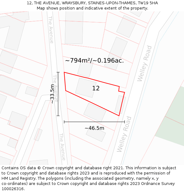 12, THE AVENUE, WRAYSBURY, STAINES-UPON-THAMES, TW19 5HA: Plot and title map