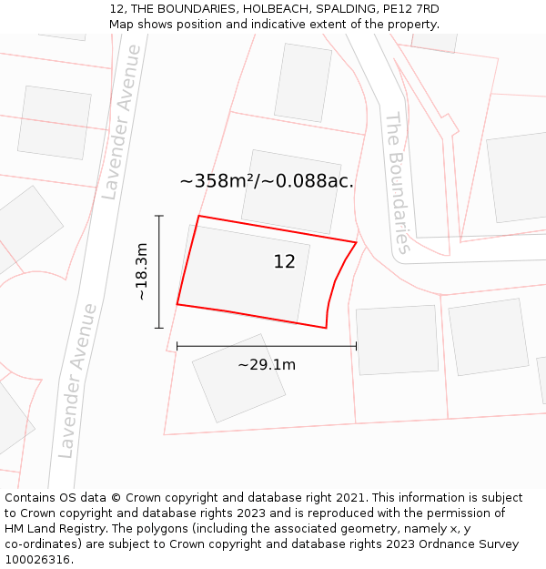 12, THE BOUNDARIES, HOLBEACH, SPALDING, PE12 7RD: Plot and title map