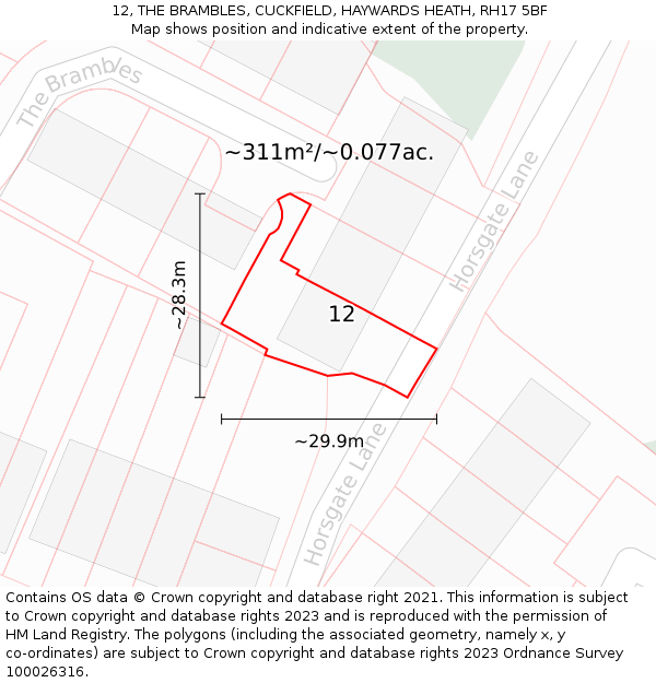 12, THE BRAMBLES, CUCKFIELD, HAYWARDS HEATH, RH17 5BF: Plot and title map