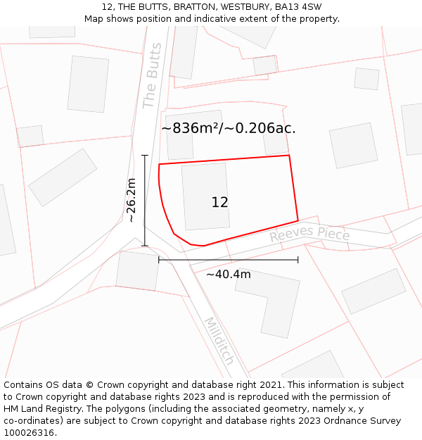 12, THE BUTTS, BRATTON, WESTBURY, BA13 4SW: Plot and title map