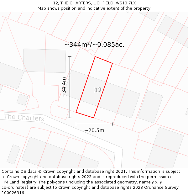 12, THE CHARTERS, LICHFIELD, WS13 7LX: Plot and title map