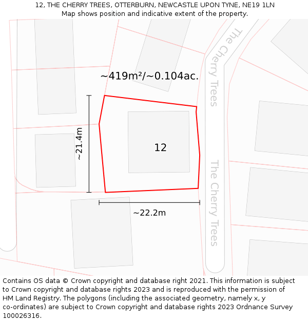 12, THE CHERRY TREES, OTTERBURN, NEWCASTLE UPON TYNE, NE19 1LN: Plot and title map