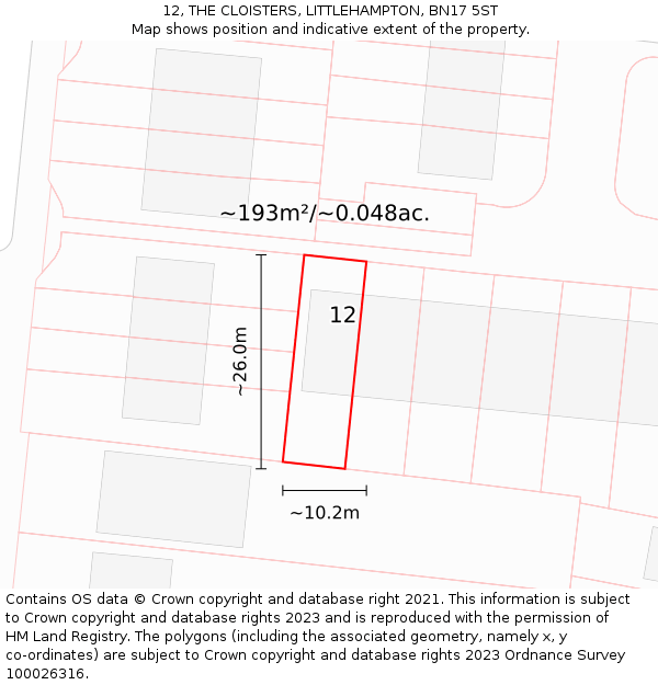 12, THE CLOISTERS, LITTLEHAMPTON, BN17 5ST: Plot and title map