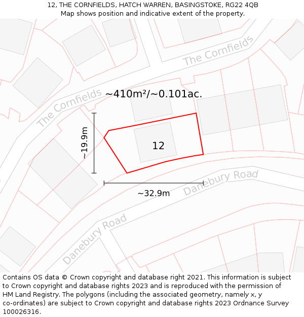 12, THE CORNFIELDS, HATCH WARREN, BASINGSTOKE, RG22 4QB: Plot and title map