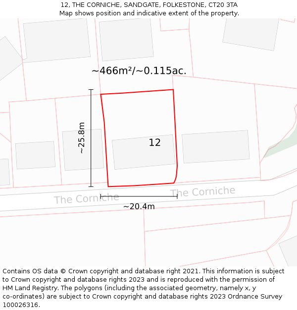 12, THE CORNICHE, SANDGATE, FOLKESTONE, CT20 3TA: Plot and title map