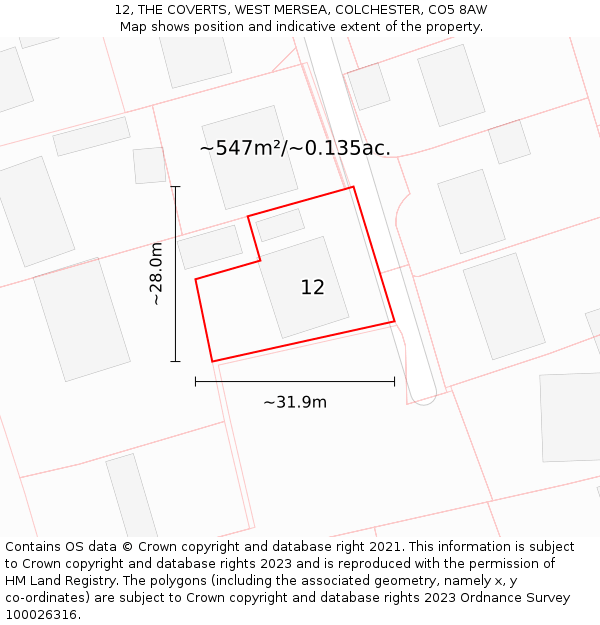 12, THE COVERTS, WEST MERSEA, COLCHESTER, CO5 8AW: Plot and title map