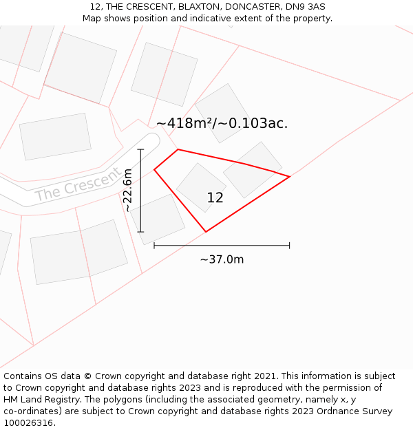 12, THE CRESCENT, BLAXTON, DONCASTER, DN9 3AS: Plot and title map