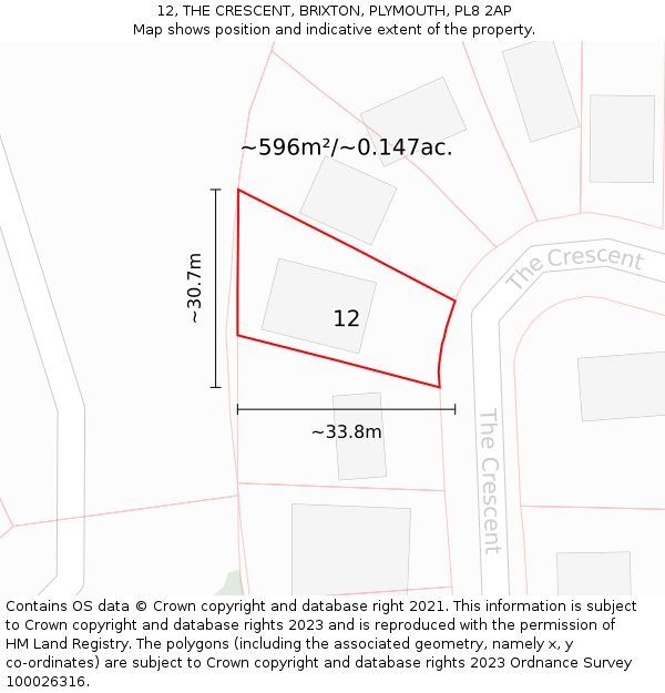 12, THE CRESCENT, BRIXTON, PLYMOUTH, PL8 2AP: Plot and title map