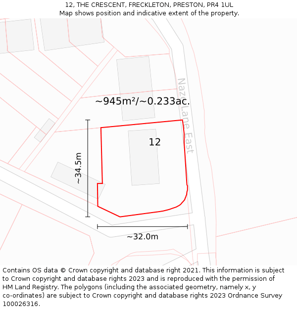 12, THE CRESCENT, FRECKLETON, PRESTON, PR4 1UL: Plot and title map
