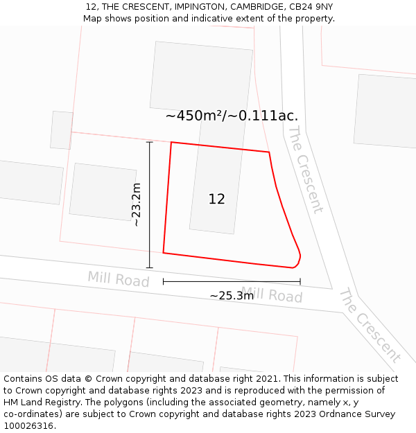 12, THE CRESCENT, IMPINGTON, CAMBRIDGE, CB24 9NY: Plot and title map